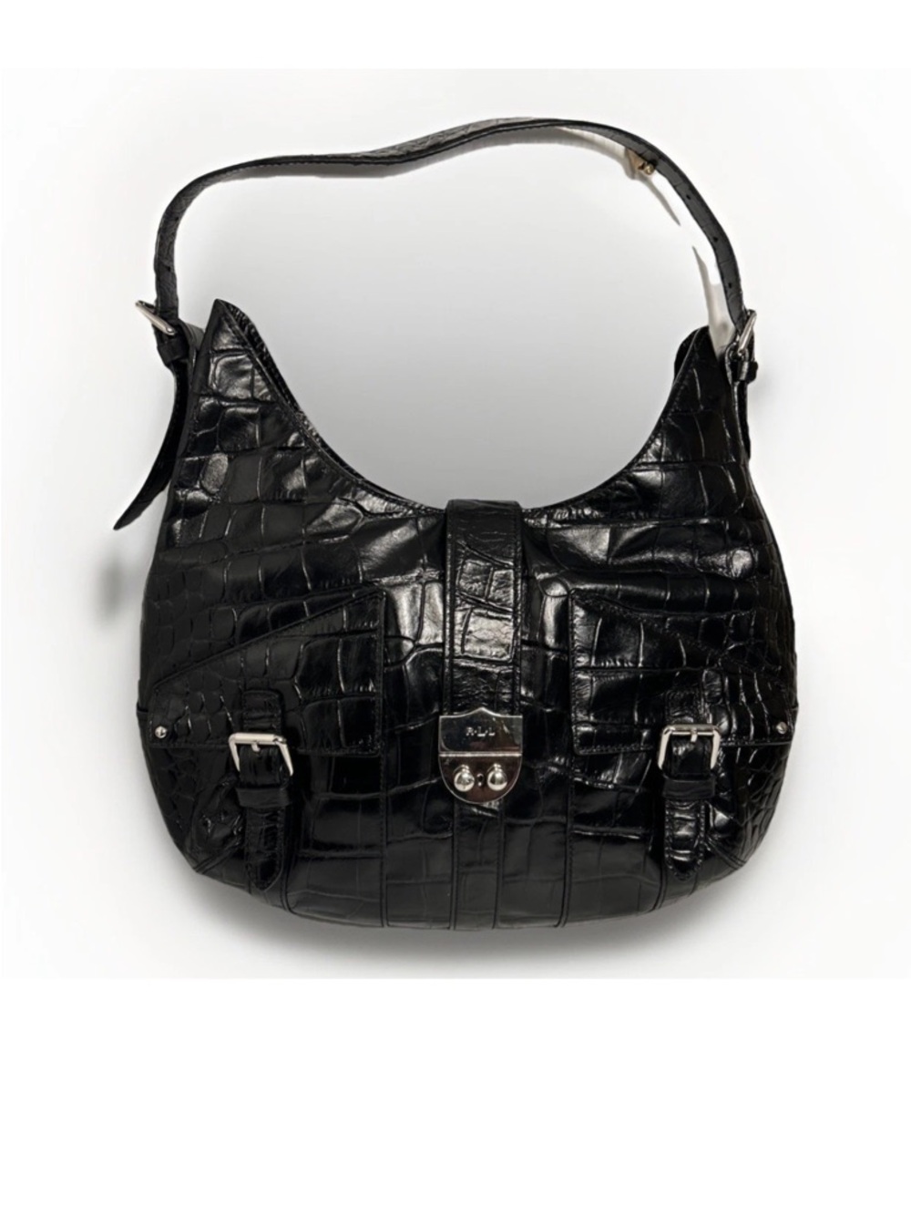 Ralph Lauren Acadian Croc Embossed Black Leather Hobo Handbag, New MSRP $298